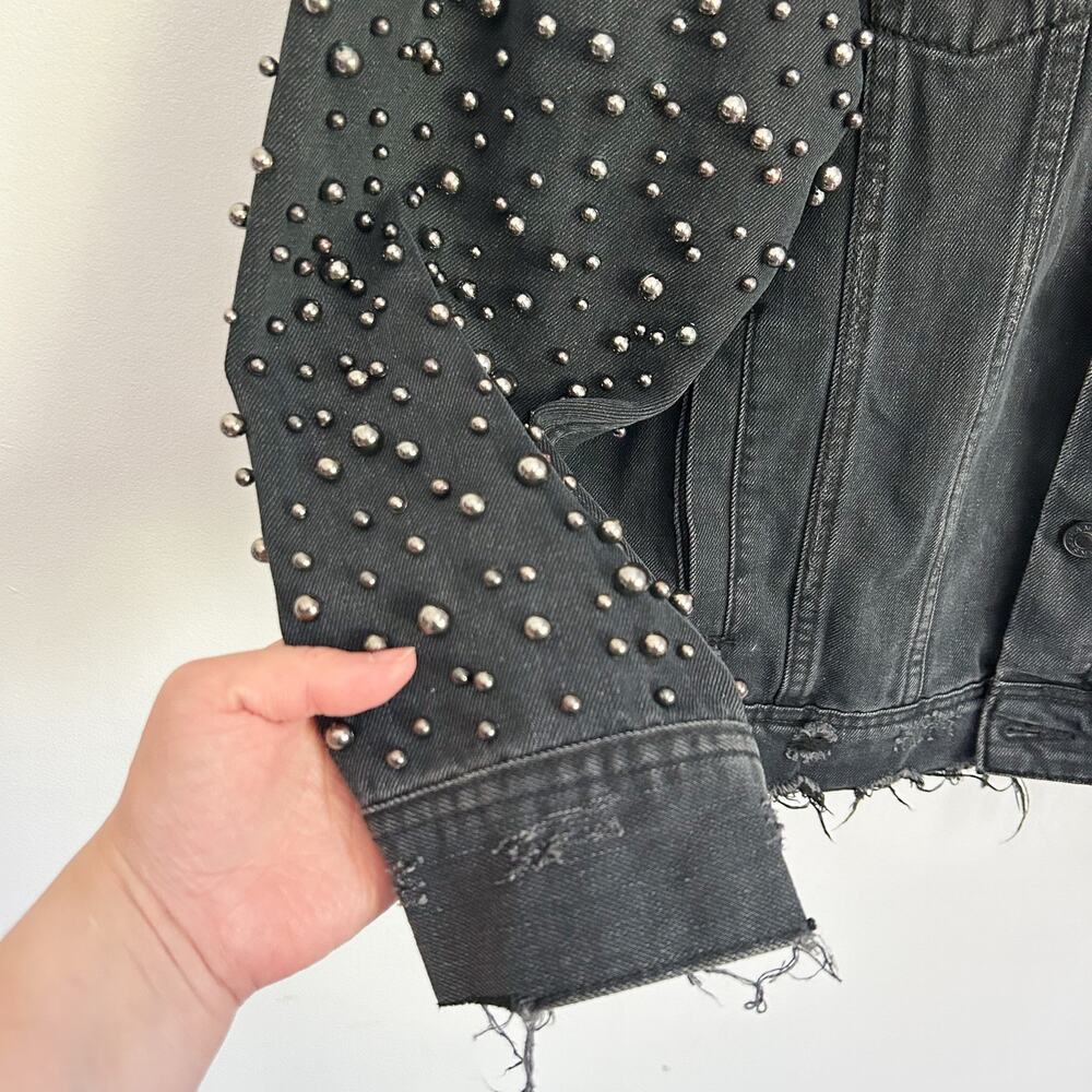 Sunset + Spring Embellished Oversized Distressed Denim Jacket Size L Black - Picture 5 of 7